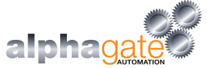 The Alphagate Automation logo features the company name in gray and orange letters, with "AUTOMATION" in black below. Three interlocking metallic gears appear in the upper right corner, symbolizing mechanical precision and engineering.