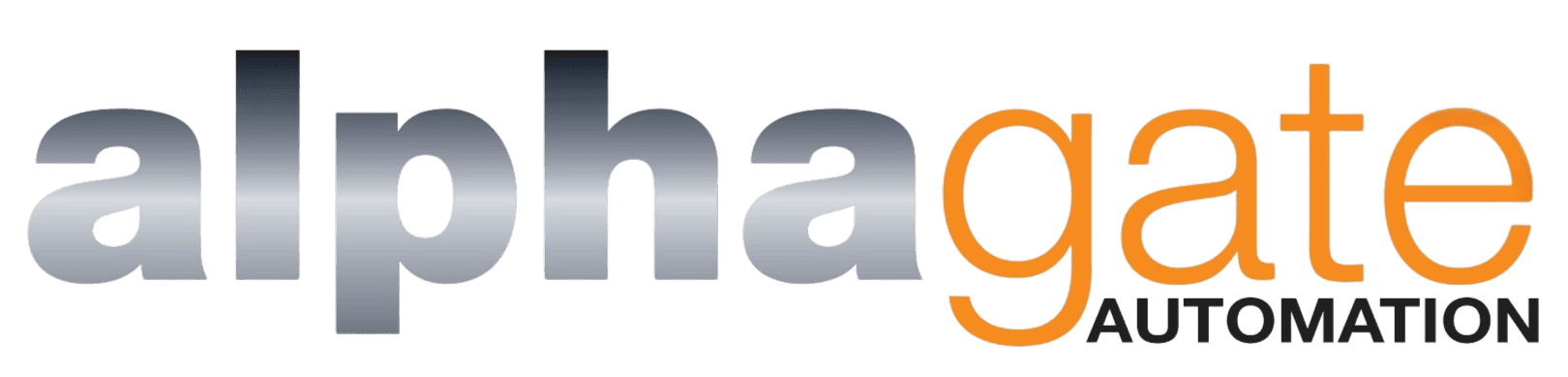 The logo displays "alpha" in gray gradient text followed by "gate" in orange text, with "AUTOMATION" in black capital letters below "gate". The design uses a modern, clean sans-serif typeface on a white background.