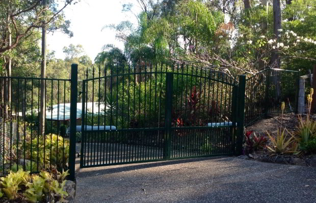 Heritage Green Custom Double Swing Gates with Spear Tops and Fencing